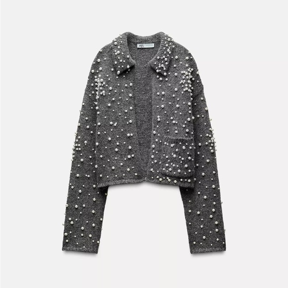 Zara Sweaters - Zara Gray Pearl-Studded Sweater